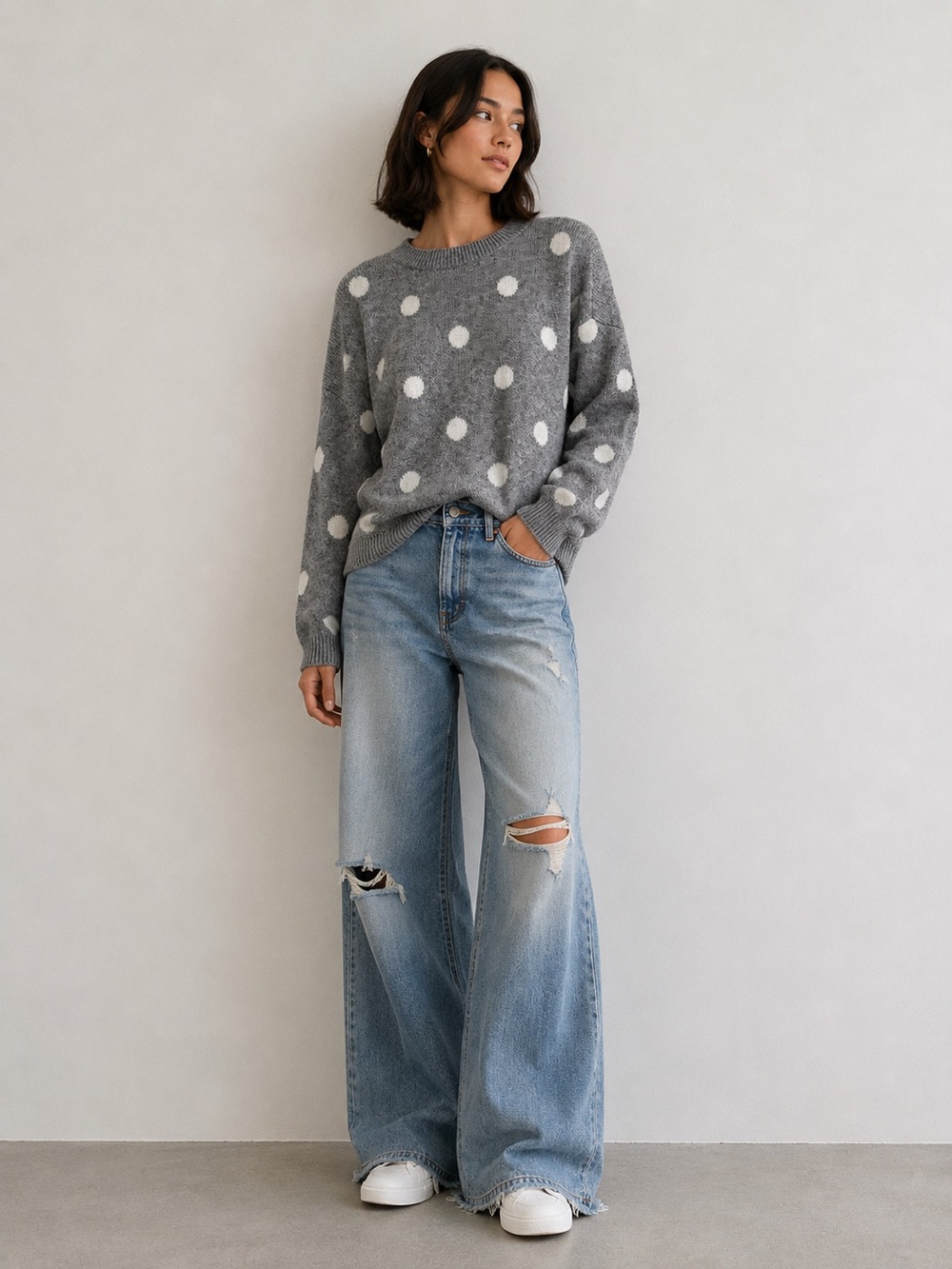 Chelsea & Theodore Gray White Polka Dot Sweater Soft Cozy Crewneck Knit Size L